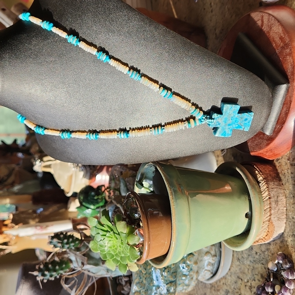 Stone cross necklace Artisan made with opal and turquoise.